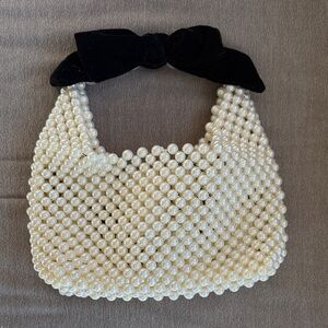 Off White Faux Pearl Purse with Large Velvet Black Bow